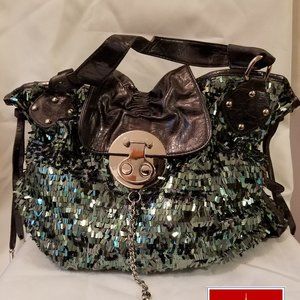 Green Shimmer Hobo Bag w/Gray & Silver Trim